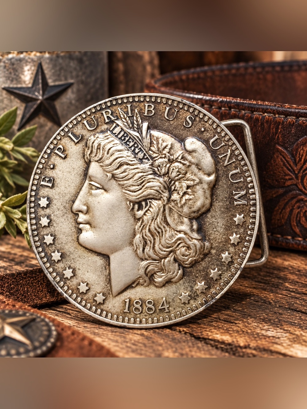 Vintage Unisex Indiana Metal Craft Pewter Morgan Dollar Belt Buckle 1884 Liberty